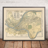 Ancienne carte de Pittsburgh, 1891 : Allegheny, East Liberty, Highland Park, Schenley Park, rivière Monongahela