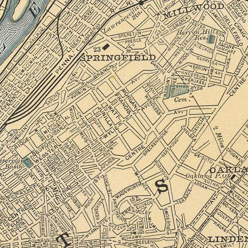 Old Map of Pittsburgh, 1891: Allegheny, East Liberty, Highland Park, Schenley Park, Monongahela River