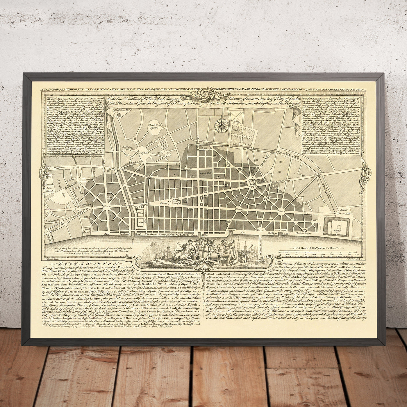 Alte Karte von London, 'Ein Plan zum Wiederaufbau nach dem großen Feuer' von Gwynn, 1749: St. Paul's, Monument, London Bridge 