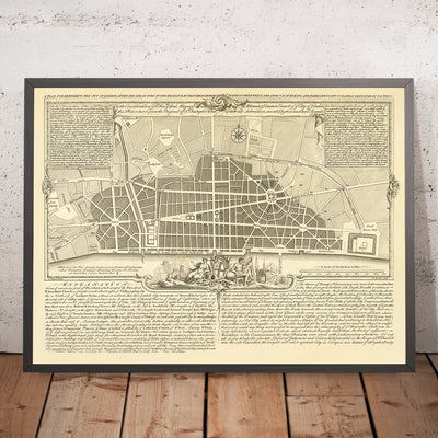 Alte Karte von London, 'Ein Plan zum Wiederaufbau nach dem großen Feuer' von Gwynn, 1749: St. Paul's, Monument, London Bridge 