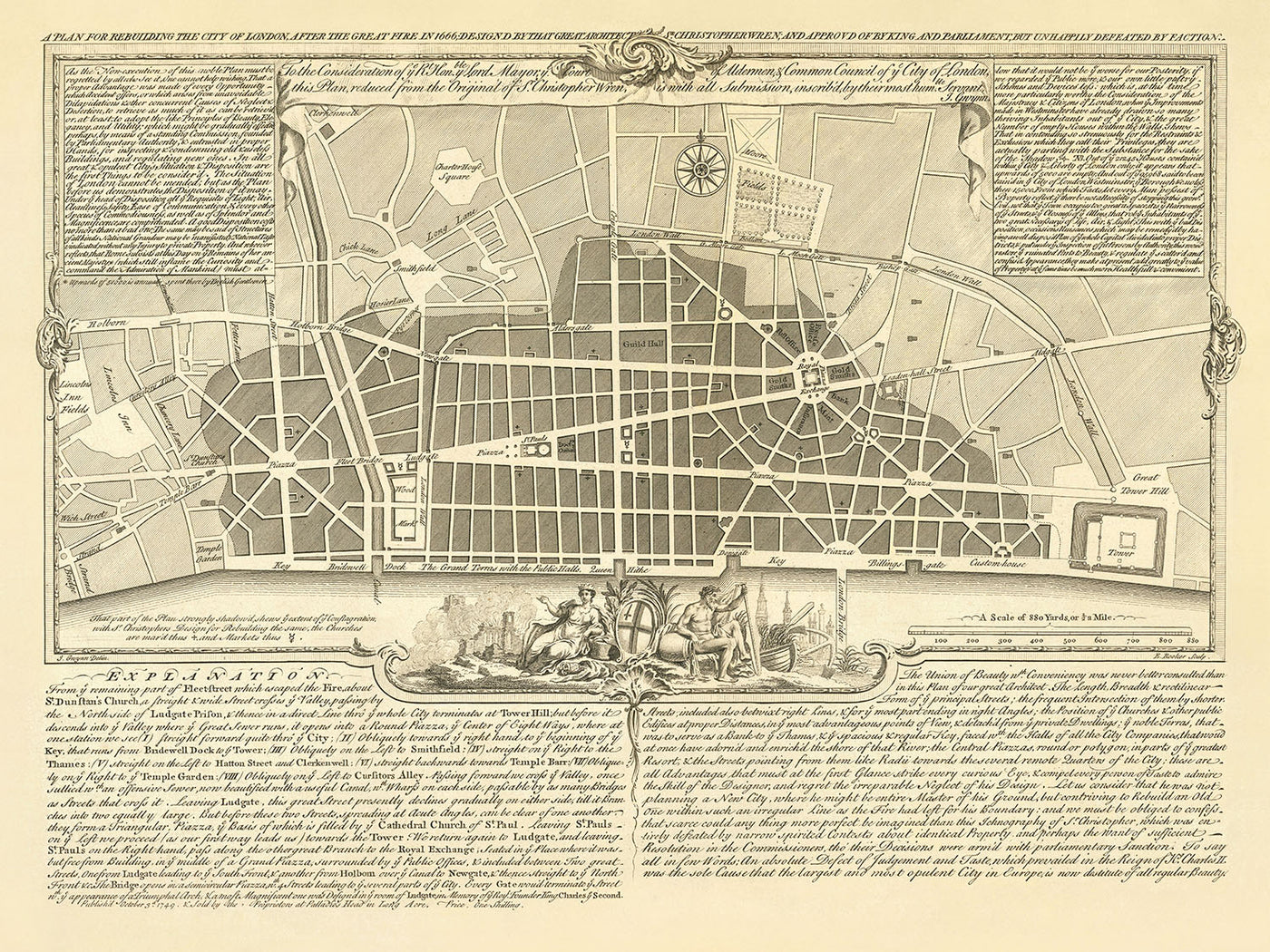 Alte Karte von London, 'Ein Plan zum Wiederaufbau nach dem großen Feuer' von Gwynn, 1749: St. Paul's, Monument, London Bridge 