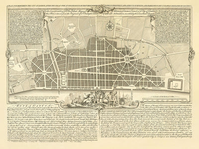 Alte Karte von London, 'Ein Plan zum Wiederaufbau nach dem großen Feuer' von Gwynn, 1749: St. Paul's, Monument, London Bridge 