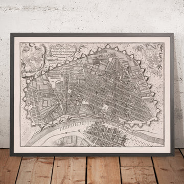 Carte ancienne de Lima par Ulloa, 1748 : fortifications, rivière, ponts, pâtés de maisons, cartouches
