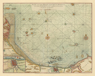 Antigua carta de Yakarta (Batavia) de van Keulen, 1778: Isla Onrust, Islas Mil, Indonesia 