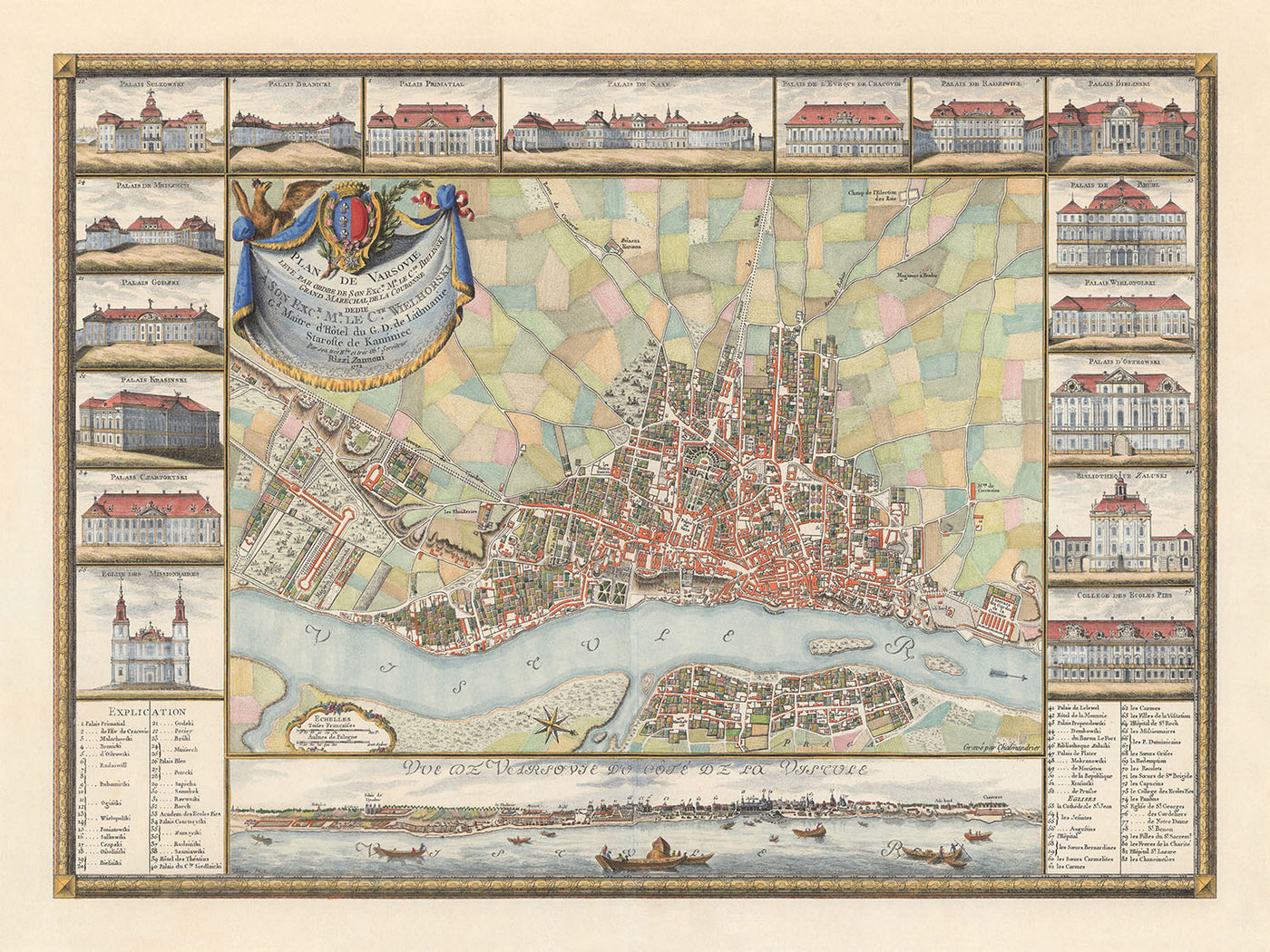 Old Map of Warsaw by Rizzi Zannoni, 1772: Vistula River, Miodowa, Senatorska, Solec, Swietojanska