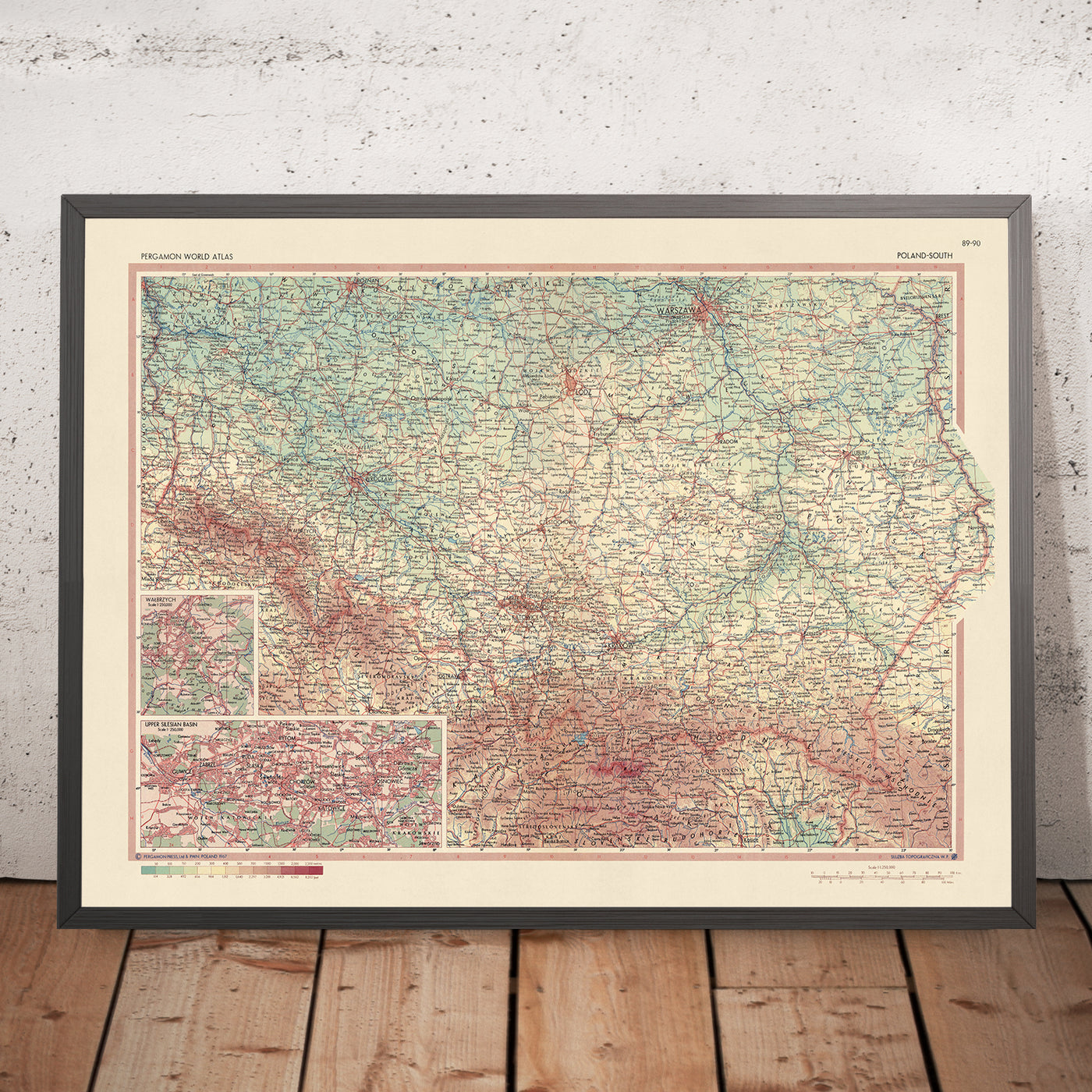 Ancienne carte du sud de la Pologne, 1967 : Varsovie, Cracovie, Łódź, rivière Vistule, montagnes des Carpates 