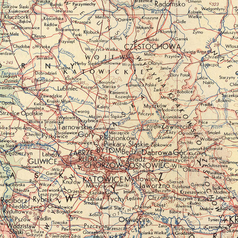 Ancienne carte du sud de la Pologne, 1967 : Varsovie, Cracovie, Łódź, rivière Vistule, montagnes des Carpates 