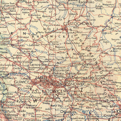 Ancienne carte du sud de la Pologne, 1967 : Varsovie, Cracovie, Łódź, rivière Vistule, montagnes des Carpates 