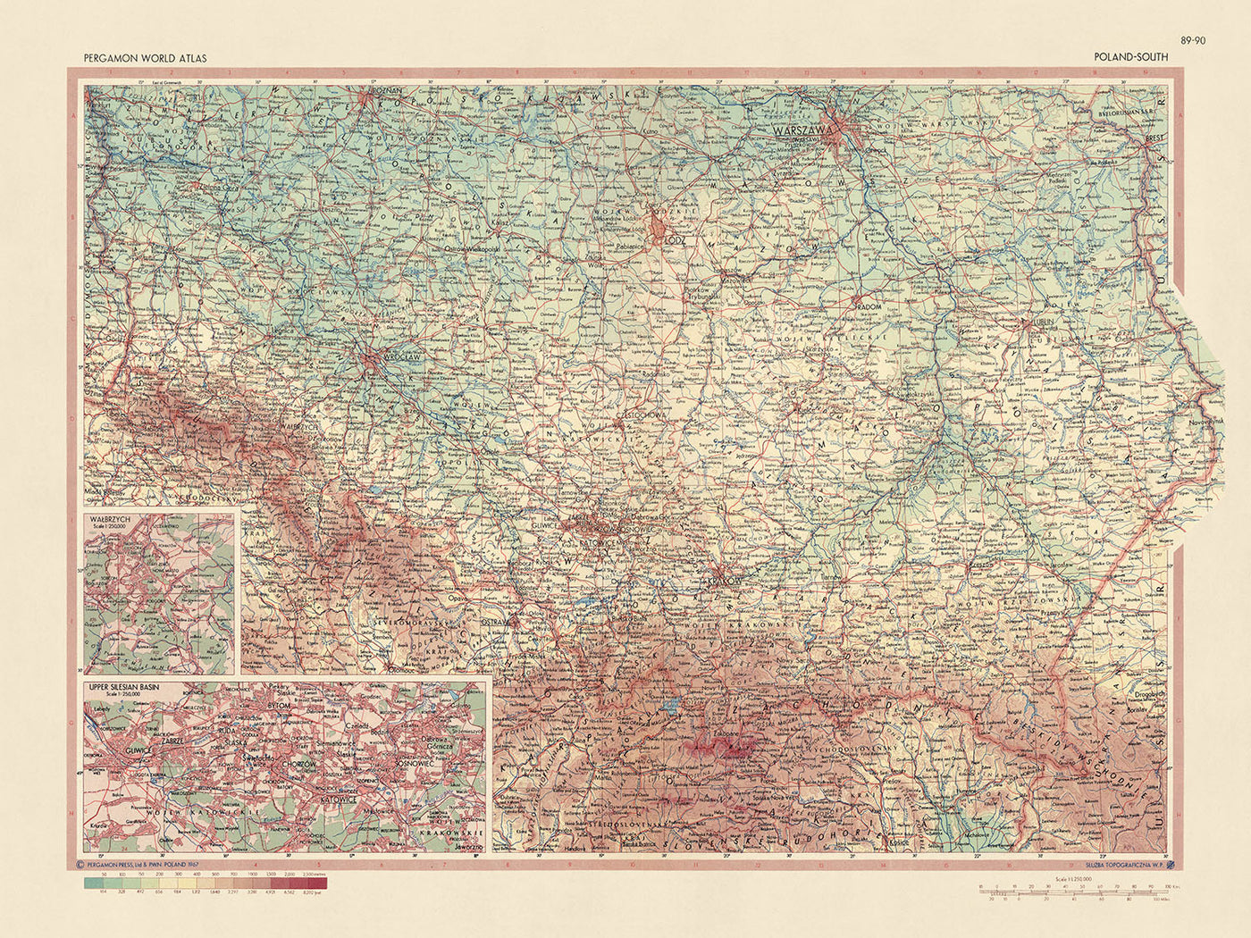 Ancienne carte du sud de la Pologne, 1967 : Varsovie, Cracovie, Łódź, rivière Vistule, montagnes des Carpates 