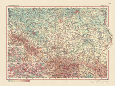 Ancienne carte du sud de la Pologne, 1967 : Varsovie, Cracovie, Łódź, rivière Vistule, montagnes des Carpates 