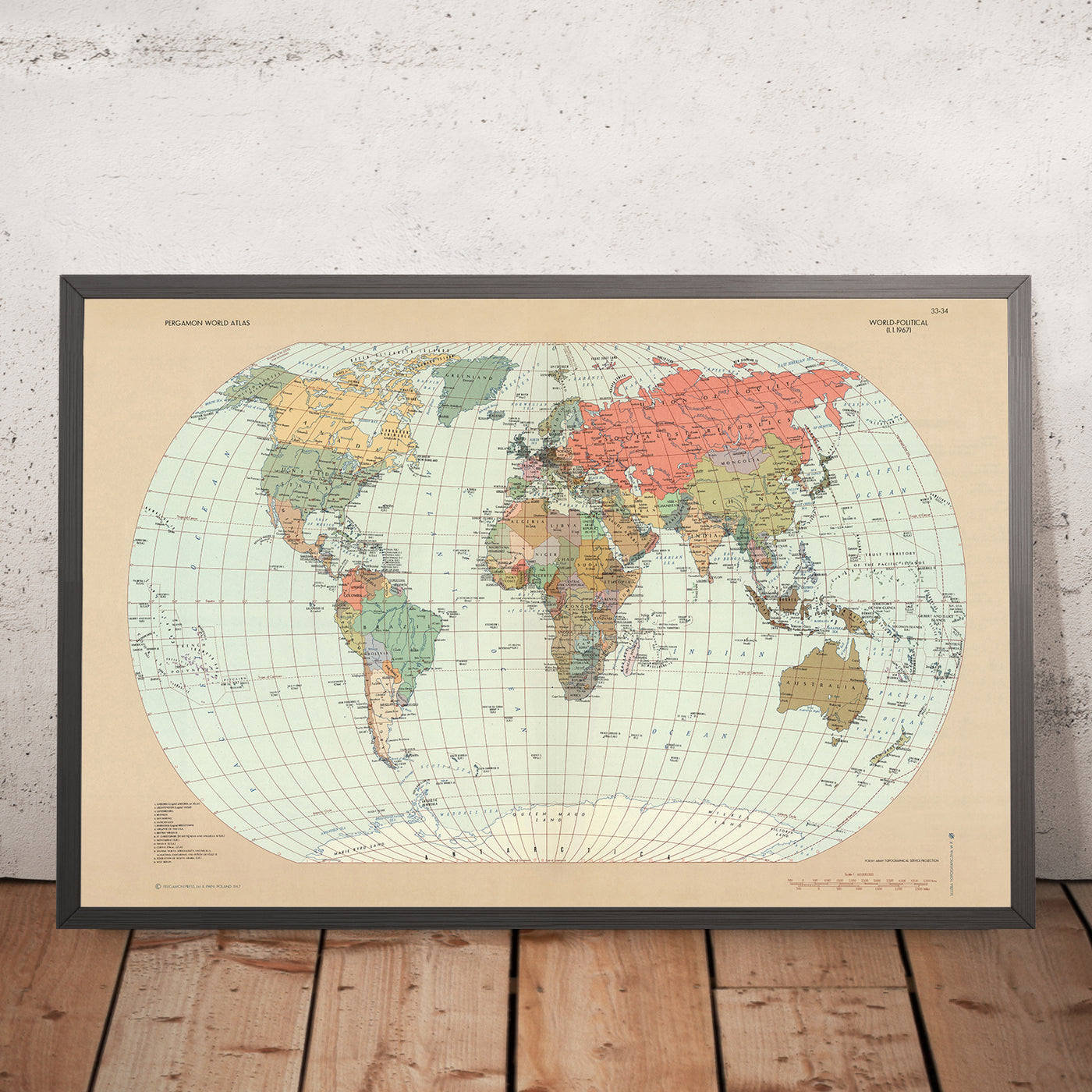 Old Political World Map, 1967: Cold War Era, Detailed Political Boundaries