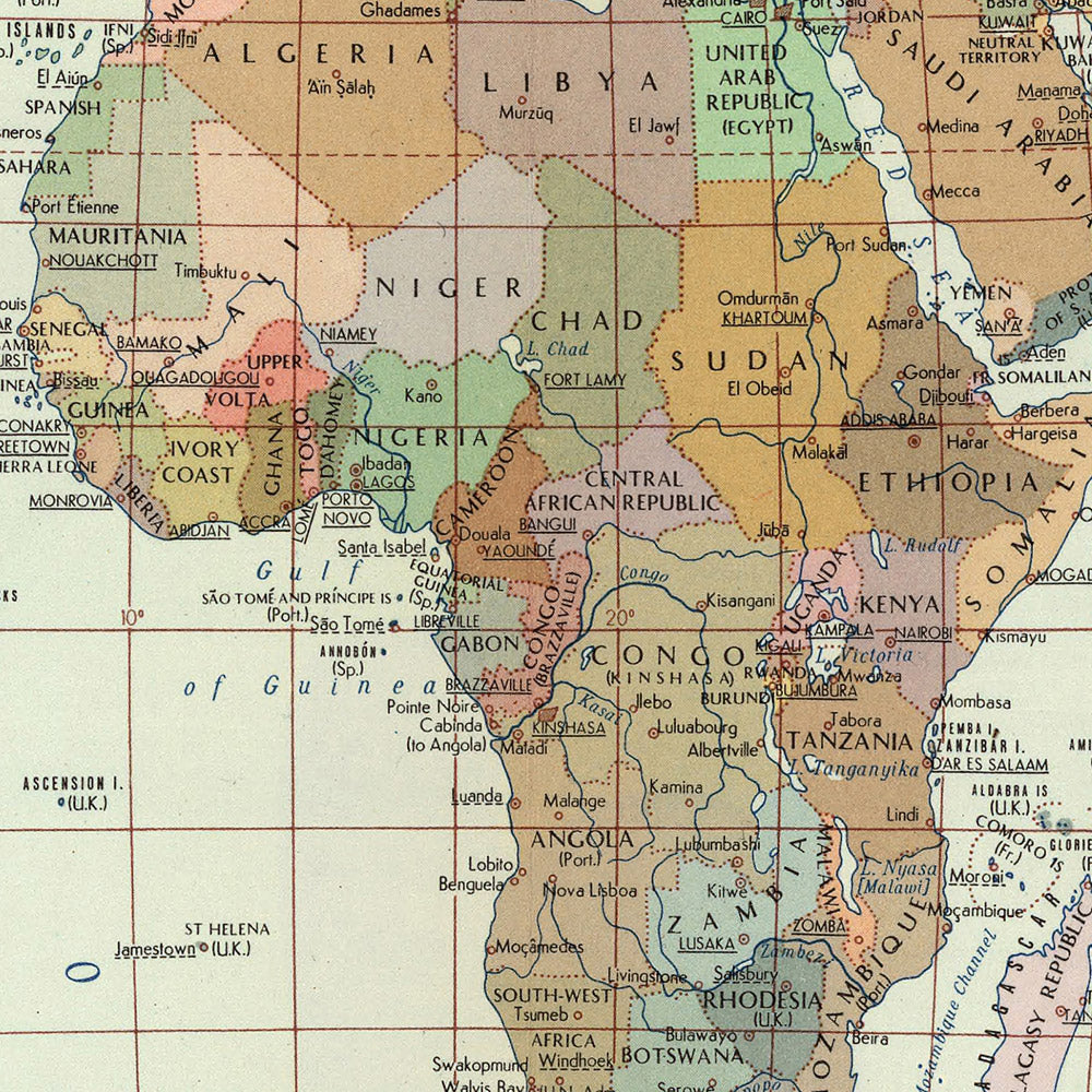 Old Political World Map, 1967: Cold War Era, Detailed Political Boundaries