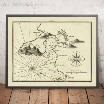 Alter nautischer Kartenausschnitt von Portofino von Heather, 1802: Italienische Riviera, Dorf, Festungen, Wassertiefen 