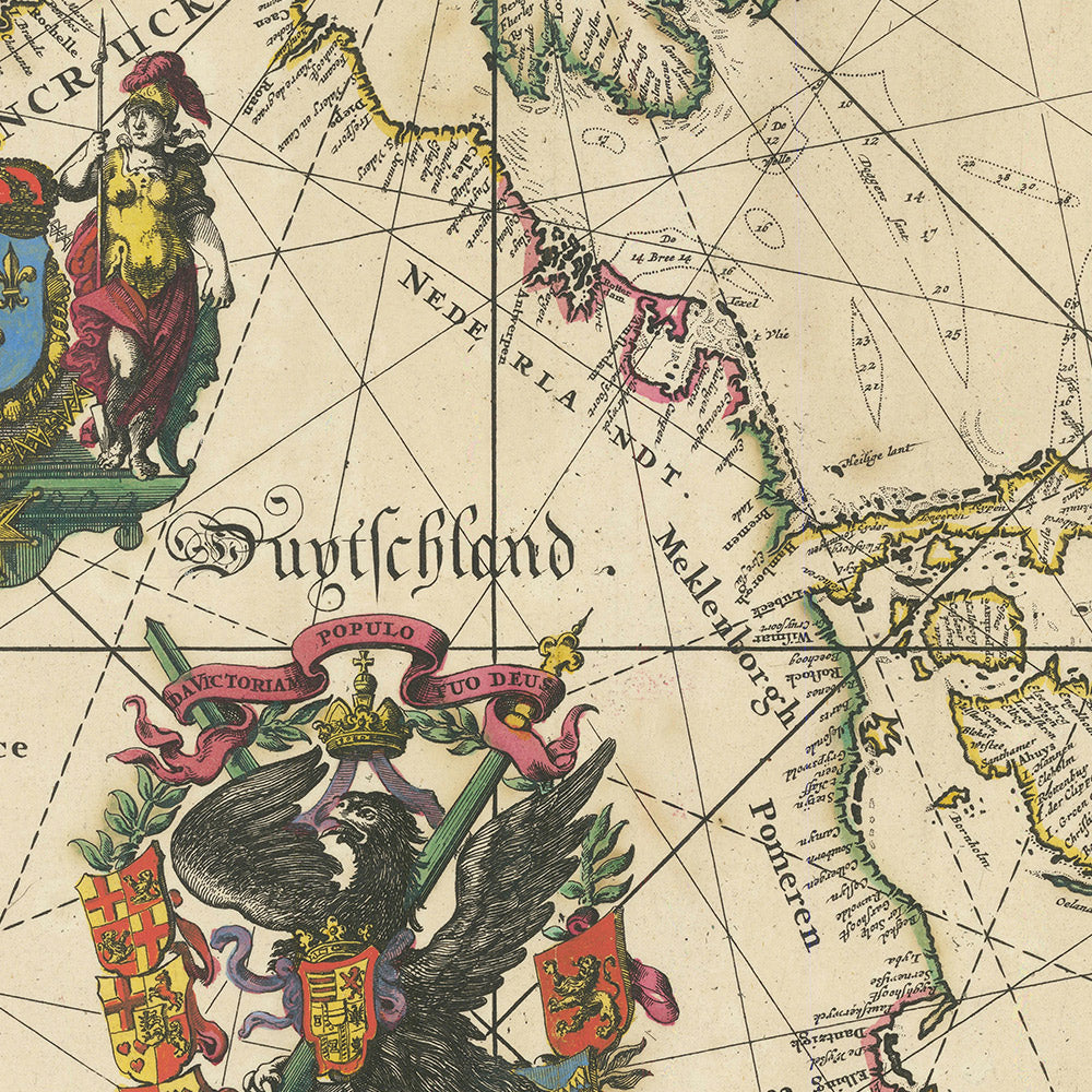 Ancienne carte portolan de l'Europe par De Wit, 1675 : Carte navale, Méditerranée, Mer du Nord, Atlantique 