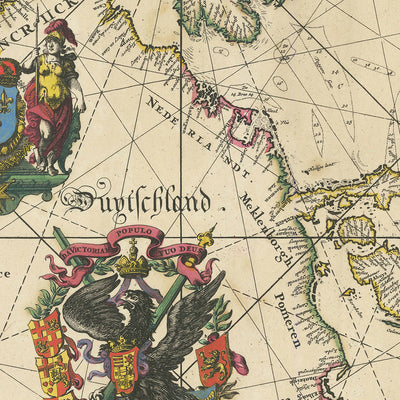 Ancienne carte portolan de l'Europe par De Wit, 1675 : Carte navale, Méditerranée, Mer du Nord, Atlantique 
