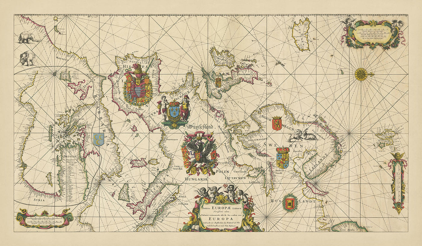 Ancienne carte portolan de l'Europe par De Wit, 1675 : Carte navale, Méditerranée, Mer du Nord, Atlantique 