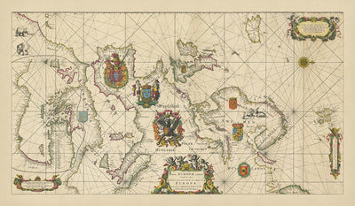 Ancienne carte portolan de l'Europe par De Wit, 1675 : Carte navale, Méditerranée, Mer du Nord, Atlantique 