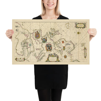 Ancienne carte portolan de l'Europe par De Wit, 1675 : Carte navale, Méditerranée, Mer du Nord, Atlantique 