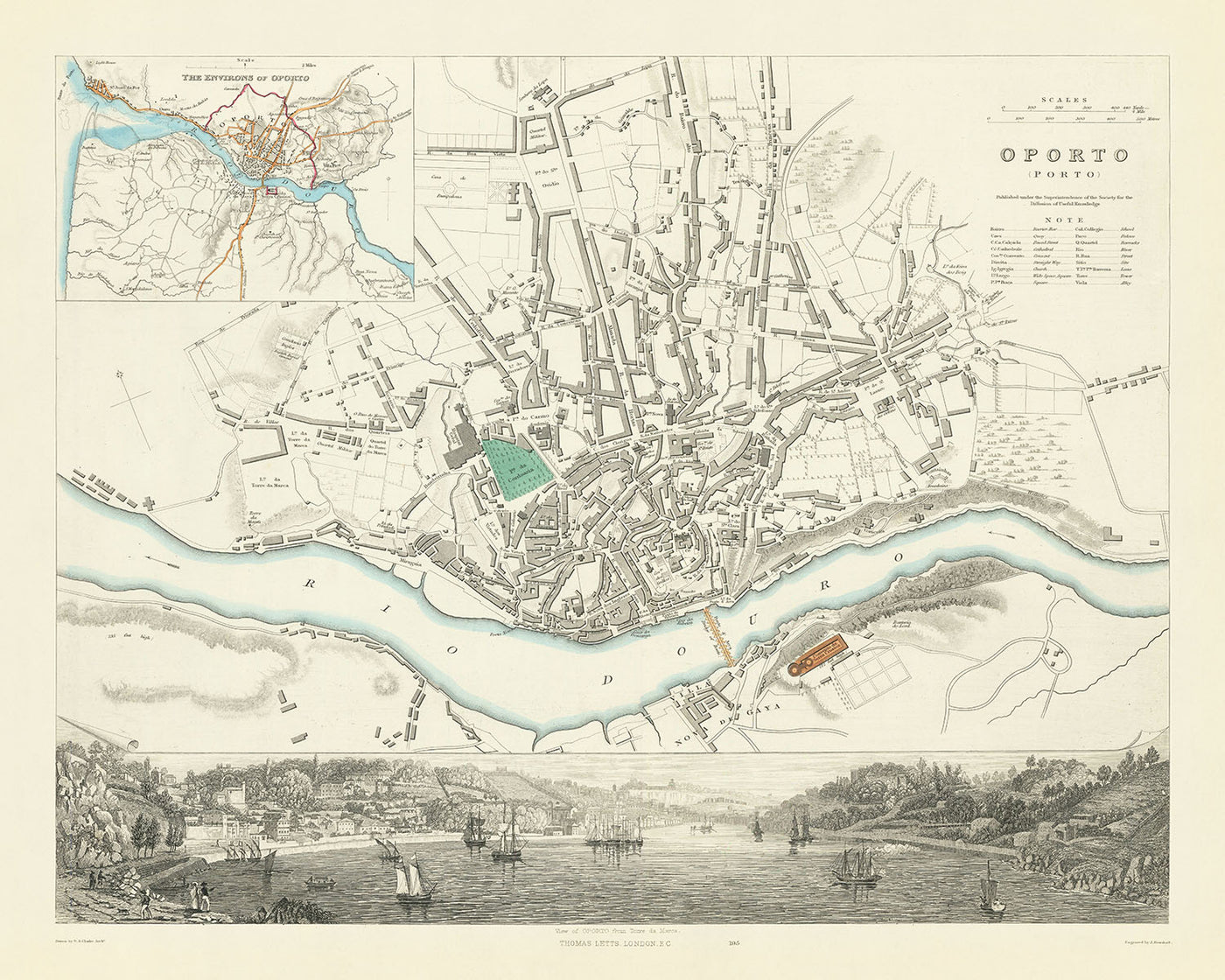 Old Map of Porto, 1870: Torre da Marca, Cathedral, Ribeira Square, St. Francis Church, Episcopal Palace