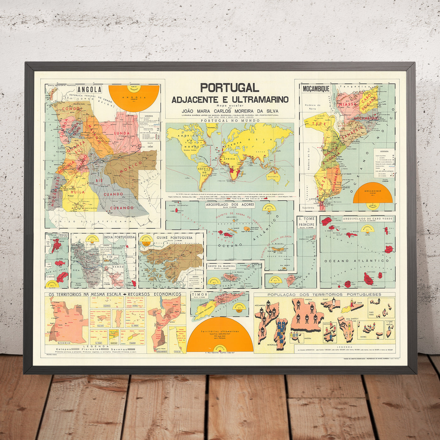 Mapa del Viejo Mundo del Imperio portugués por Manuel Barreira, 1961: Mozambique colonial, Azores, Angola, Cabo Verde, Macao, India