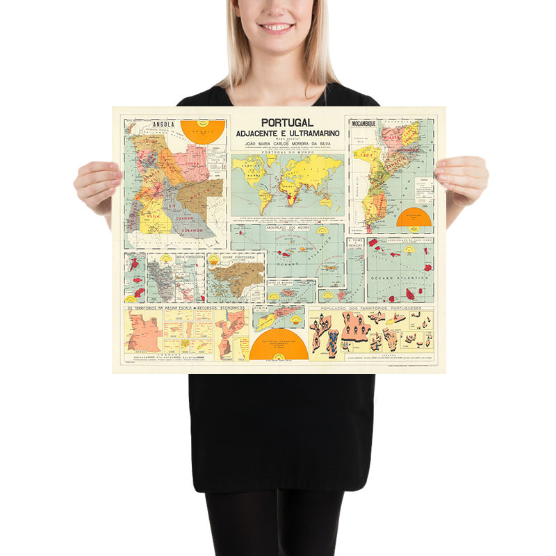 Mapa del Viejo Mundo del Imperio portugués por Manuel Barreira, 1961: Mozambique colonial, Azores, Angola, Cabo Verde, Macao, India