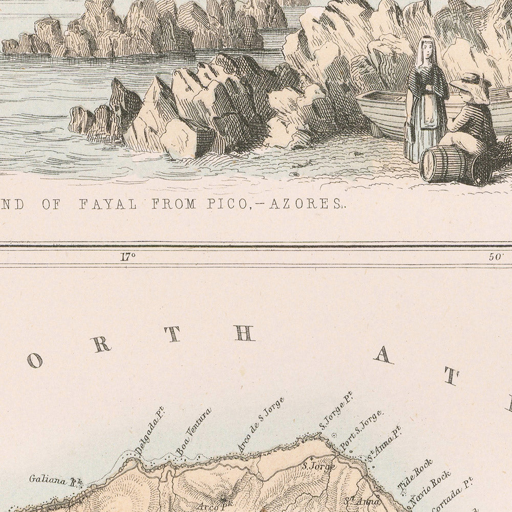 Antigua mapa de Azores y Madeira, 1865: Islas portuguesas, Funchal, Angra, Ponta Delgada, Fayal, Pico 