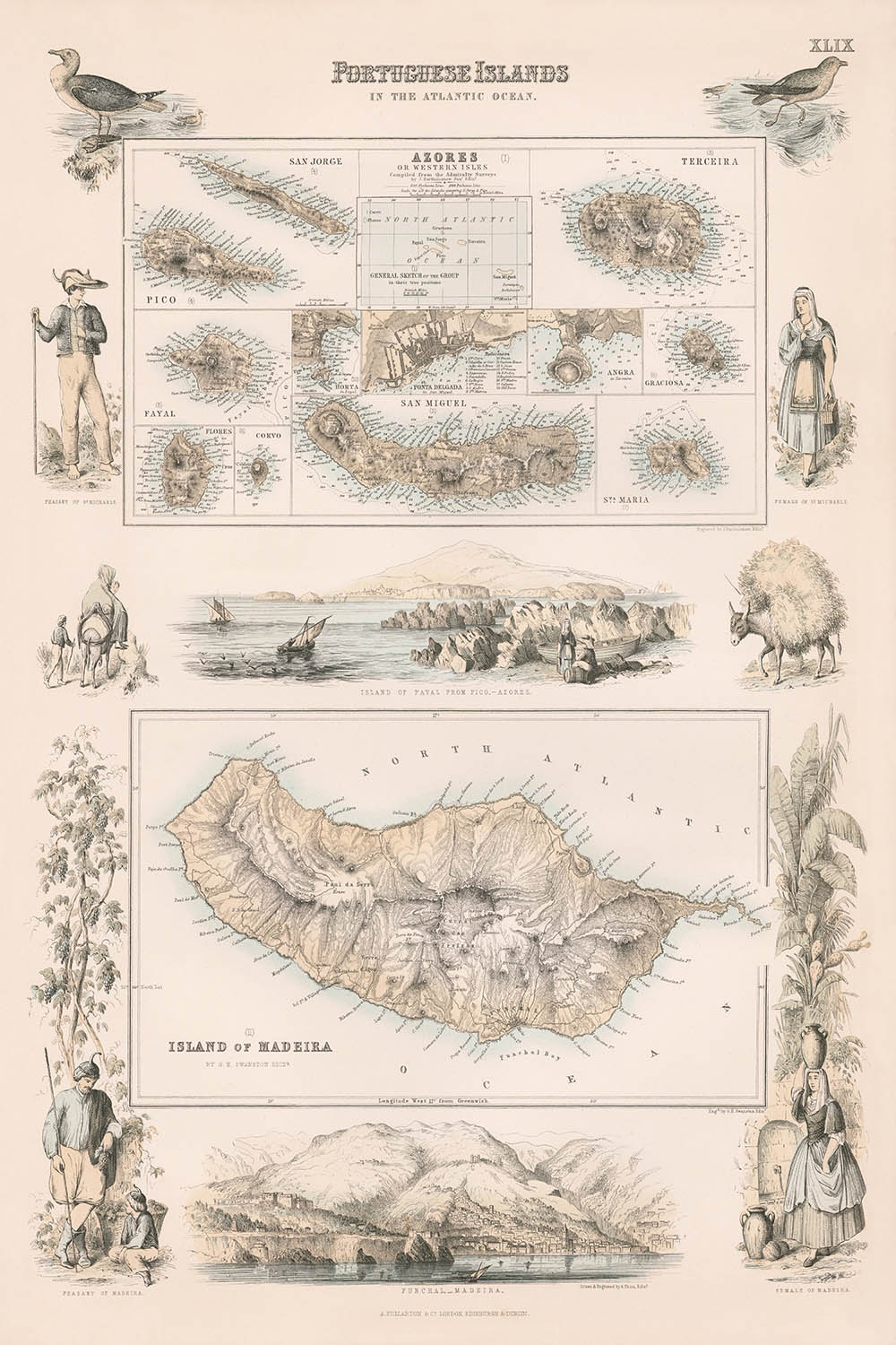 Antigua mapa de Azores y Madeira, 1865: Islas portuguesas, Funchal, Angra, Ponta Delgada, Fayal, Pico 
