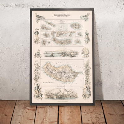 Antigua mapa de Azores y Madeira, 1865: Islas portuguesas, Funchal, Angra, Ponta Delgada, Fayal, Pico 