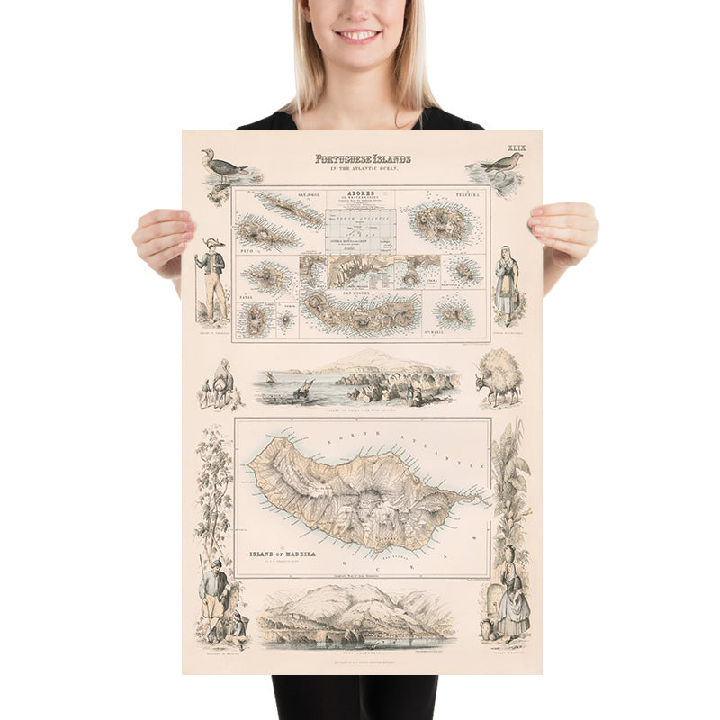 Antigua mapa de Azores y Madeira, 1865: Islas portuguesas, Funchal, Angra, Ponta Delgada, Fayal, Pico 