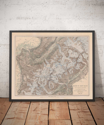 Antica mappa del Massiccio del Monte Bianco nel 1865 di Jean-Joseph Mieulet - Chamonix, Entreves, Les Houches, Saint-Nicolas de Veroce, Le Alpi 