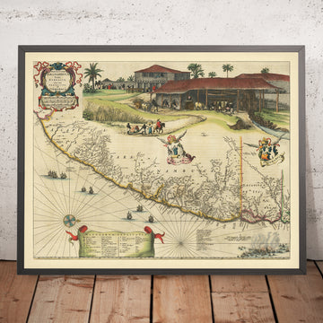 Mappa antica della costa del Brasile di Blaeu, 1662: Pernambuco, Itamaracá, Recife, Olinda, canna da zucchero, navi 