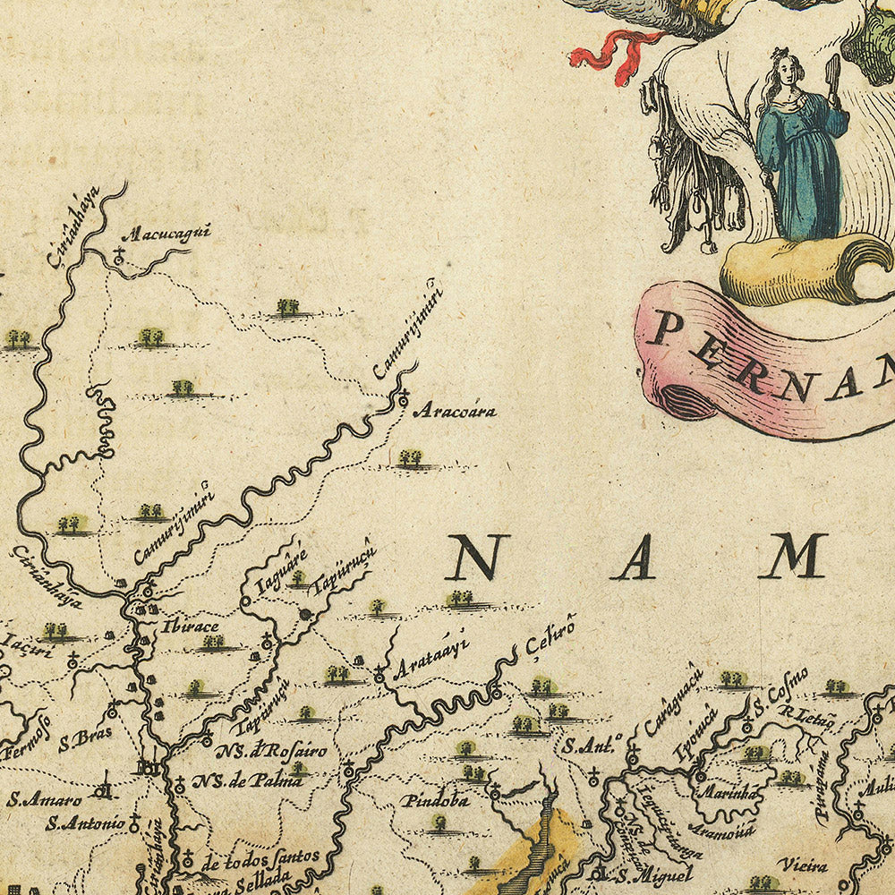 Alte Karte der Küste Brasiliens von Blaeu, 1662: Pernambuco, Itamaracá, Recife, Olinda, Zuckerrohr, Schiffe 