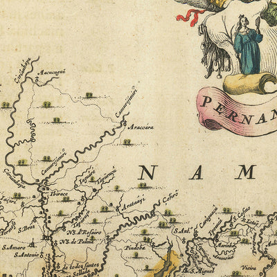 Alte Karte der Küste Brasiliens von Blaeu, 1662: Pernambuco, Itamaracá, Recife, Olinda, Zuckerrohr, Schiffe 