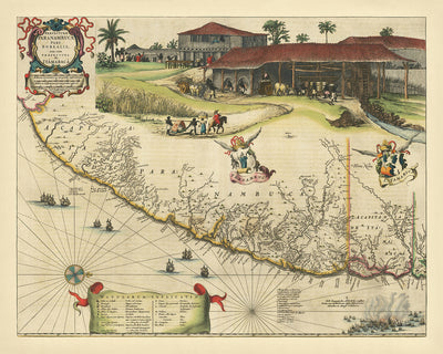 Alte Karte der Küste Brasiliens von Blaeu, 1662: Pernambuco, Itamaracá, Recife, Olinda, Zuckerrohr, Schiffe 
