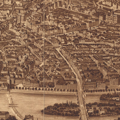 Antigua Mapa Birdseye de Praga por Mentor, 1926: Torre de Petrin, Castillo de Praga, Mala Strana, Ciudad Vieja, Todo el Rally Sokol 