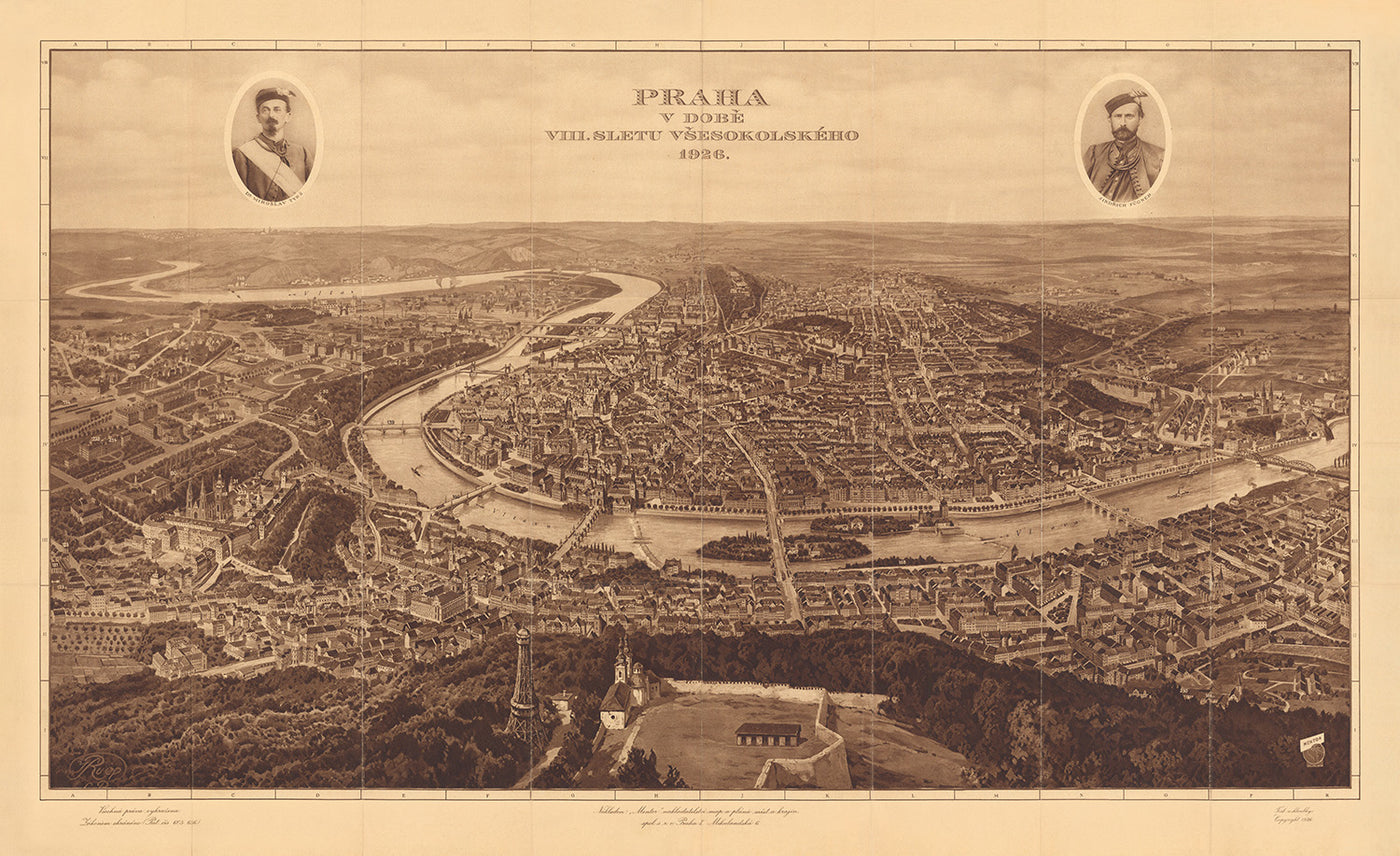 Antigua Mapa Birdseye de Praga por Mentor, 1926: Torre de Petrin, Castillo de Praga, Mala Strana, Ciudad Vieja, Todo el Rally Sokol 
