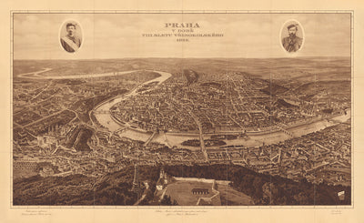 Antigua Mapa Birdseye de Praga por Mentor, 1926: Torre de Petrin, Castillo de Praga, Mala Strana, Ciudad Vieja, Todo el Rally Sokol 