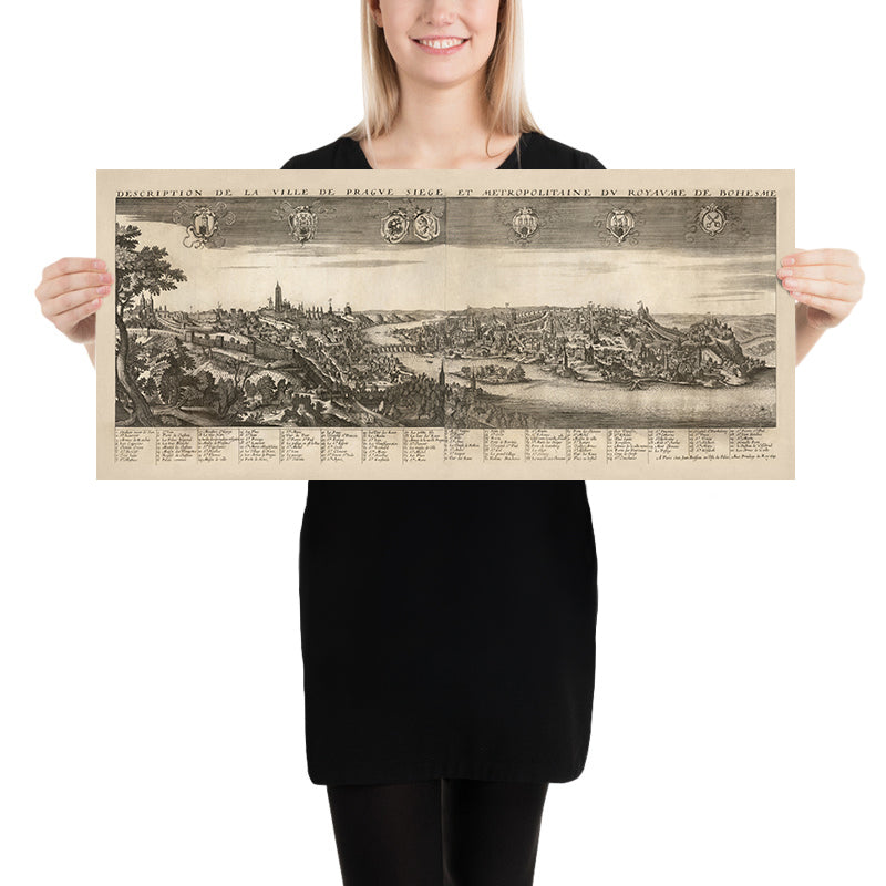 Old Birdseye Map of Prague by Boisseau, 1648: Charles Bridge, St. Vitus Cathedral, Prague Castle, Vltava River, Old Town