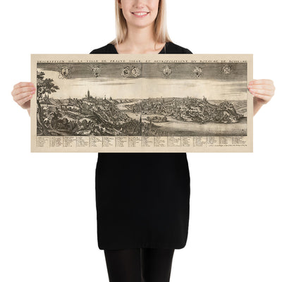 Old Birdseye Map of Prague by Boisseau, 1648: Charles Bridge, St. Vitus Cathedral, Prague Castle, Vltava River, Old Town