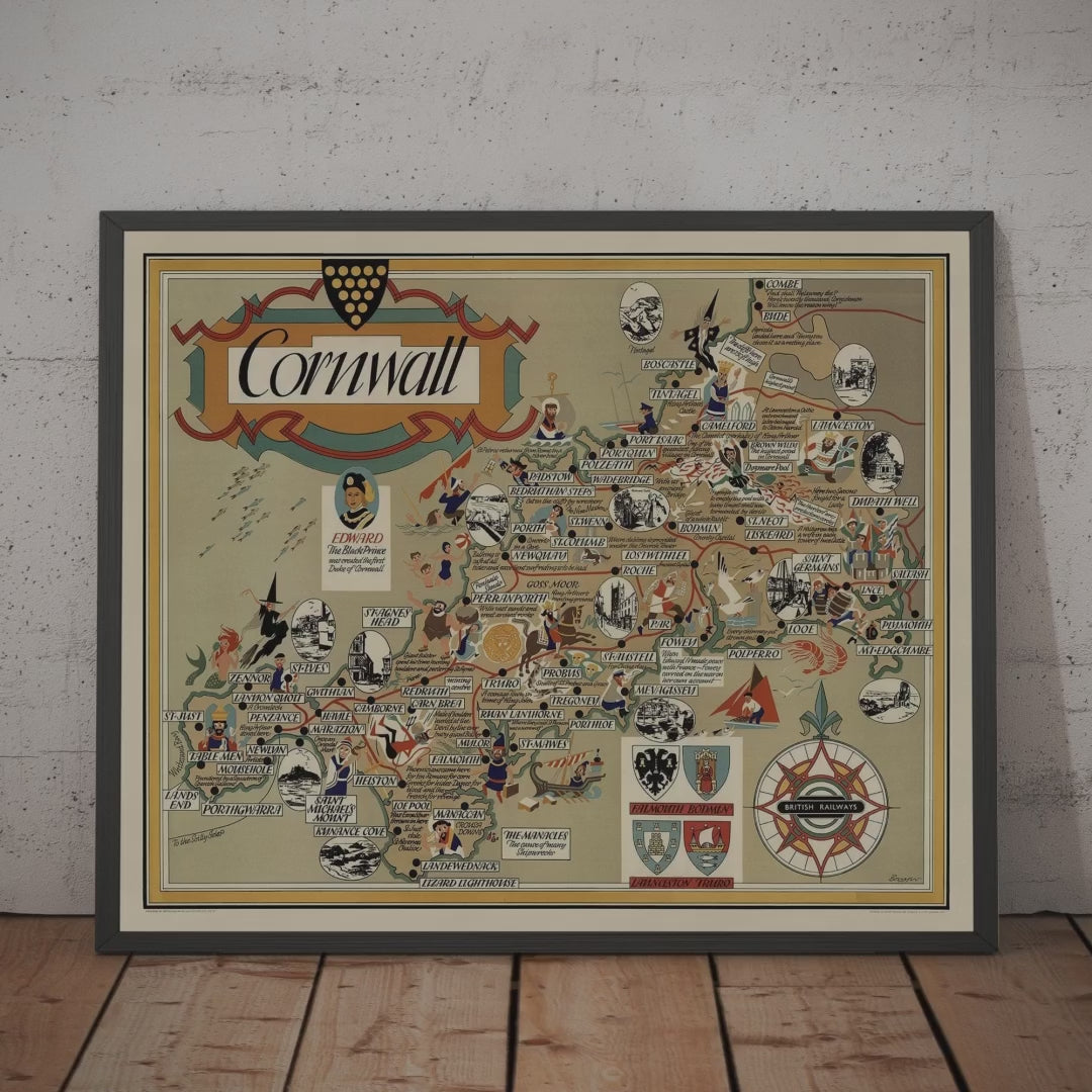 Alte bildliche Karte von Cornwall, 1950 von Bowyer - British Railway, St Ives, Newquay, Plymouth, Truro, West Country 