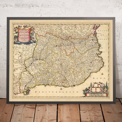 Mapa antiguo de Cataluña y el Rosellón de Visscher, 1690: Barcelona, Tarragona, Girona, Perpiñán, Pirineos