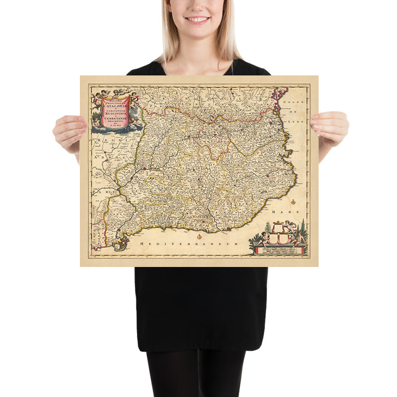 Mapa antiguo de Cataluña y el Rosellón de Visscher, 1690: Barcelona, Tarragona, Girona, Perpiñán, Pirineos