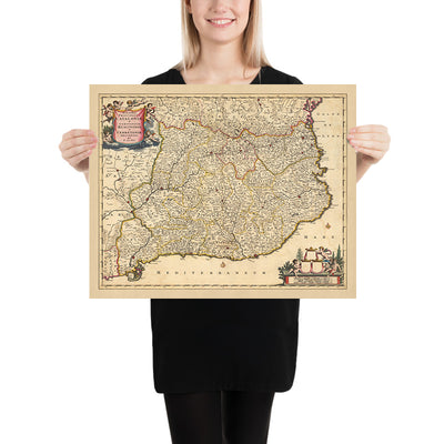 Mapa antiguo de Cataluña y el Rosellón de Visscher, 1690: Barcelona, Tarragona, Girona, Perpiñán, Pirineos