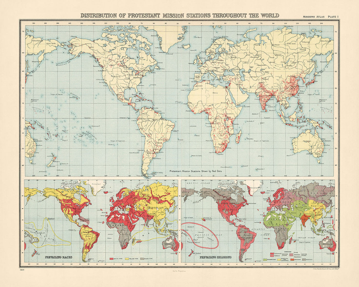 Mapa del Viejo Mundo de las Misiones Protestantes, 1923: Infografía sobre Cristianismo, Raza y Religión, Proyección de Gall 