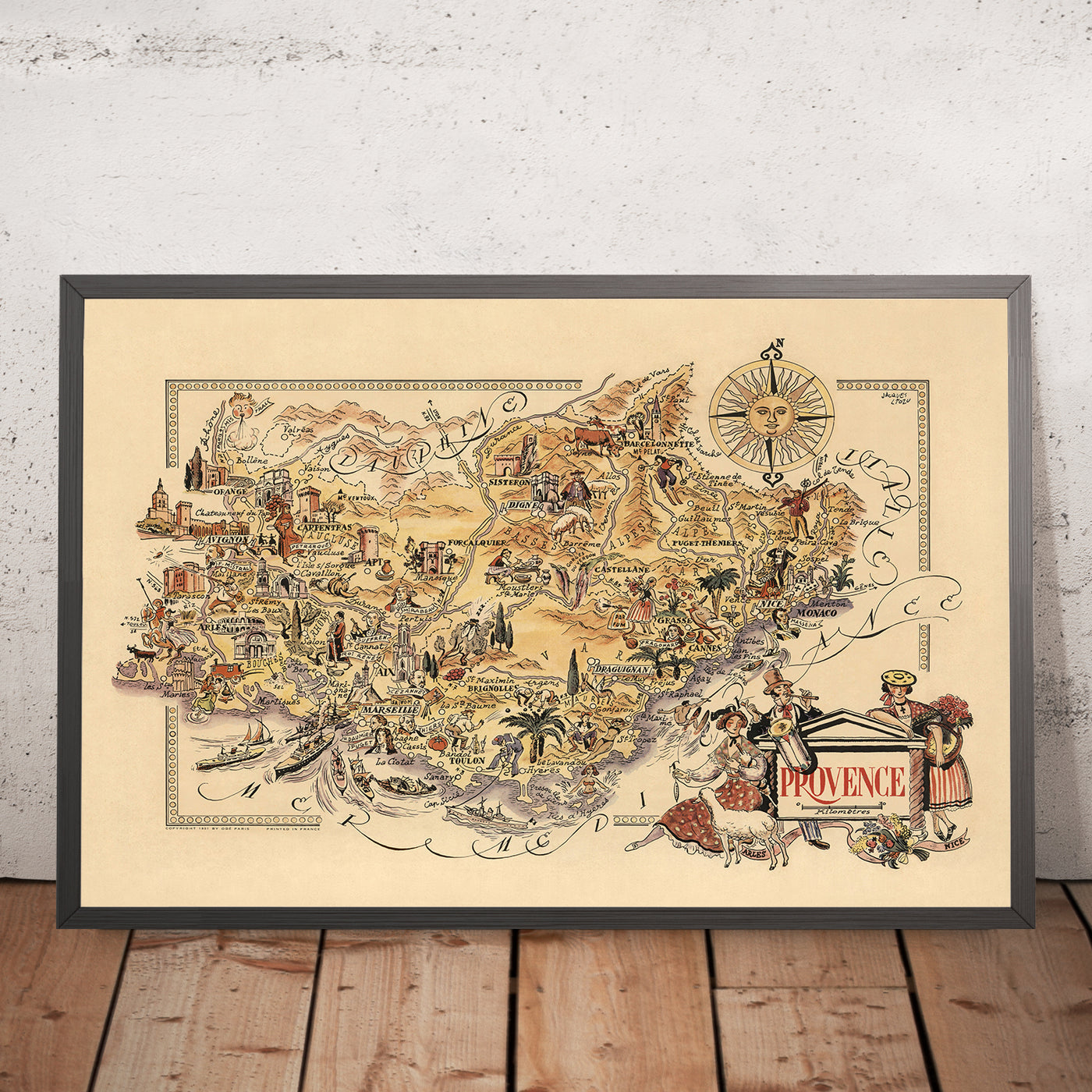 Antiguo mapa de Provenza, Francia por Liozu, 1951: Marsella, Aviñón, Cannes, Niza, Mónaco