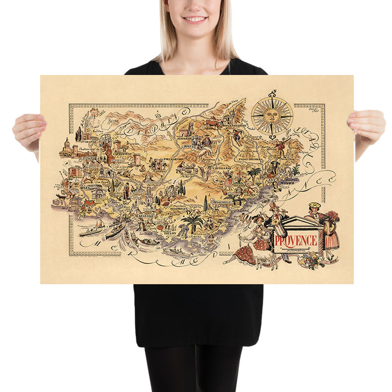 Antiguo mapa de Provenza, Francia por Liozu, 1951: Marsella, Aviñón, Cannes, Niza, Mónaco