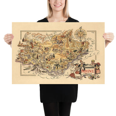 Antiguo mapa de Provenza, Francia por Liozu, 1951: Marsella, Aviñón, Cannes, Niza, Mónaco
