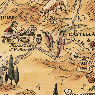 Antiguo mapa de Provenza, Francia por Liozu, 1951: Marsella, Aviñón, Cannes, Niza, Mónaco