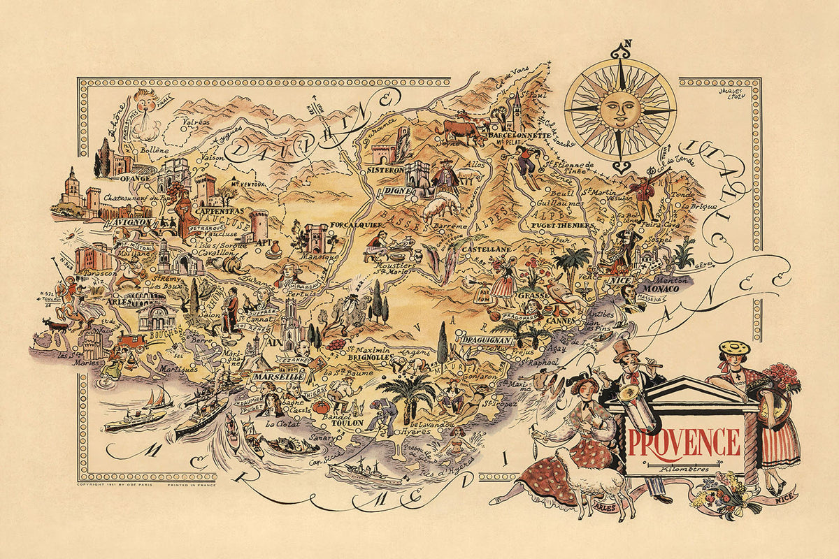 Old Map of Provence, France by Liozu, 1951: Marseille, Avignon, Cannes, Nice, Monaco