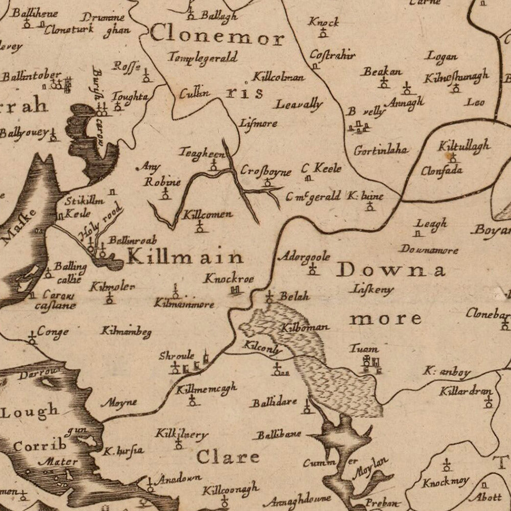 Mapa antiguo de Connacht por Petty, 1685: Galway, Leitrim, Mayo, Sligo, Roscommon 